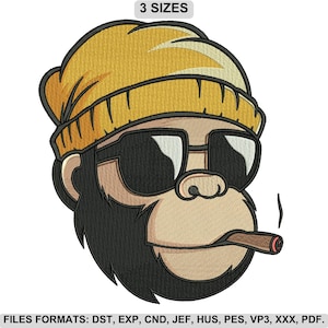 May include: Embroidered design of a cool monkey wearing sunglasses and a yellow beanie, smoking a cigar. The design features detailed stitching and a neutral color palette. Text at the top reads "3 SIZES".