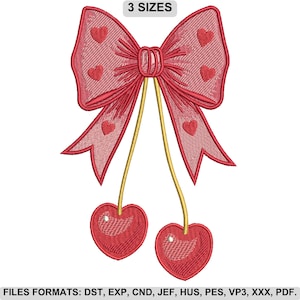 May include: A red embroidered design featuring a bow with heart accents and two heart-shaped cherries. The text "3 SIZES" is above the bow. The image also lists file formats: DST, EXP, CND, JEF, HUS, PES, VP3, XXX, and PDF.