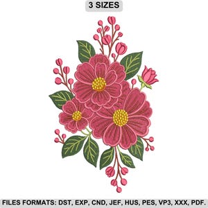 Peut inclure: Un motif de broderie représentant un bouquet floral avec trois grandes fleurs rose foncé à cœur jaune, entourées de feuilles vertes et de boutons roses. Le texte "3 SIZES" est en haut. Le texte en bas indique "FILES FORMATS: DST, EXP, CND, JEF, HUS, PES, VP3, XXX, PDF."