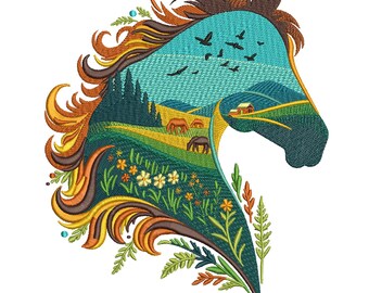 Peut inclure: Motif de tête de cheval brodée avec un paysage à l'intérieur. Le design présente un ciel turquoise avec des oiseaux en vol, des collines vertes et des chevaux au pâturage. La crinière et les accents floraux sont dans des tons or, marron et vert. Le texte "3 SIZES" est en haut.