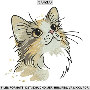 May include: An embroidered cat face with large eyes, a pink nose, and long whiskers. The cat's fur is a mix of white, tan, and brown. The text "3 SIZES" is at the top, and "FILES FORMATS: DST, EXP, CND, JEF, HUS, PES, VP3, XXX, PDF." is at the bottom.