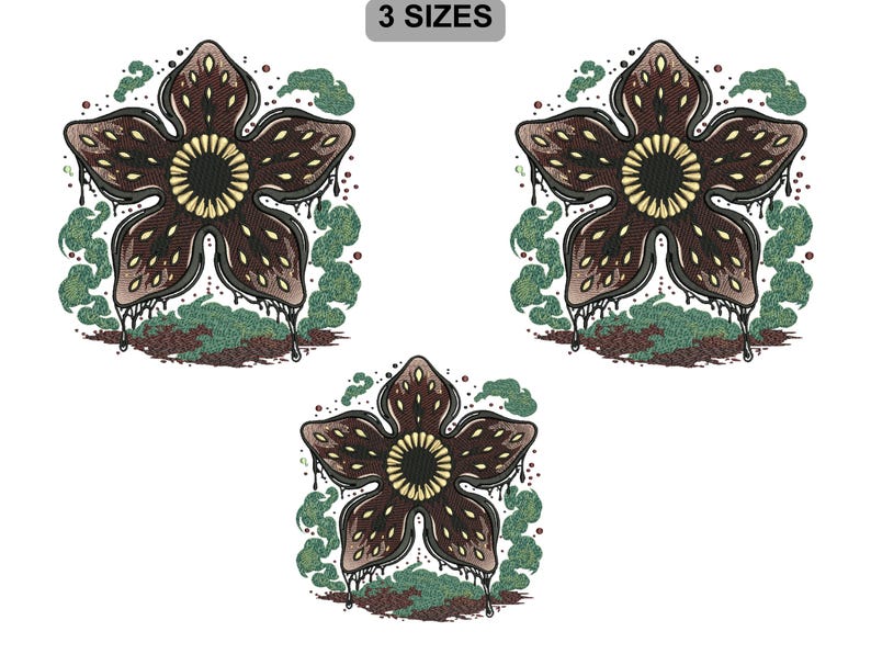 May include: Embroidered Demogorgon flower design in three sizes. The design features a brown, petal-shaped flower with a yellow center and dripping details. Green and brown accents surround the flower, with the text "3 SIZES" at the top.