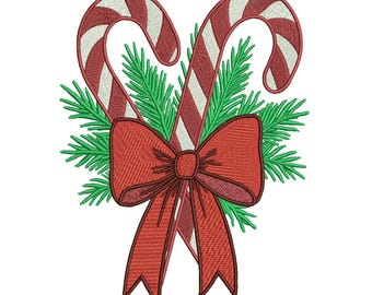 Candy Cane Christmas Embroidery Design, Bow & Pine Machine Embroidery Pattern, Holiday Ornament Embroidery File, 3 Sizes, Instant Download