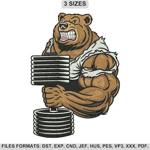 Bodybuilder beer borduurwerk ontwerp, sterke sportschool beer gewichtheffen borduurwerk, fitness dieren machine borduurwerk, 3 maten, Instant Download