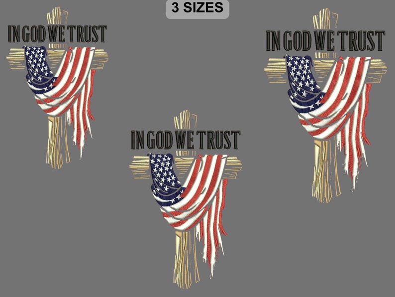 Puede incluir: Se muestran tres cruces con el texto &laquo;IN GOD WE TRUST&raquo;. Cada cruz est&aacute; cubierta con una bandera estadounidense estilizada. La bandera presenta azul con estrellas blancas y rayas rojas y blancas. El fondo es gris liso.