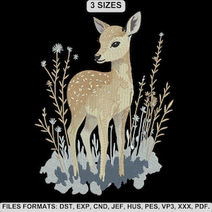 Könnte beinhalten: Ein gesticktes Design eines Rehs, das inmitten stilisierter Pflanzen und Blumen steht, vor einem schwarzen Hintergrund. Das Reh ist hellbraun mit weißen Flecken, und die Pflanzen sind in Beige-, Grau- und Weißtönen gehalten. Der Text "3 SIZES" steht oben.