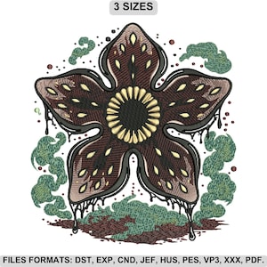 May include: An embroidered design featuring a Demogorgon flower with a dark brown and tan color scheme. The design includes a black outline and dripping details. The text "3 SIZES" is at the top, and file format information is at the bottom.