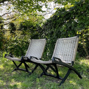 Hans Wagner Stile Folding Chairs / Modern Handwoven Mid-Century Lounge Chairs /Danish Rope Chairs / Set of Two