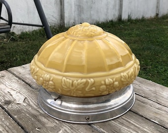 Art Deco Flush Mount Ceiling Light - 1940s Butter Pendant, Art Deco Glass