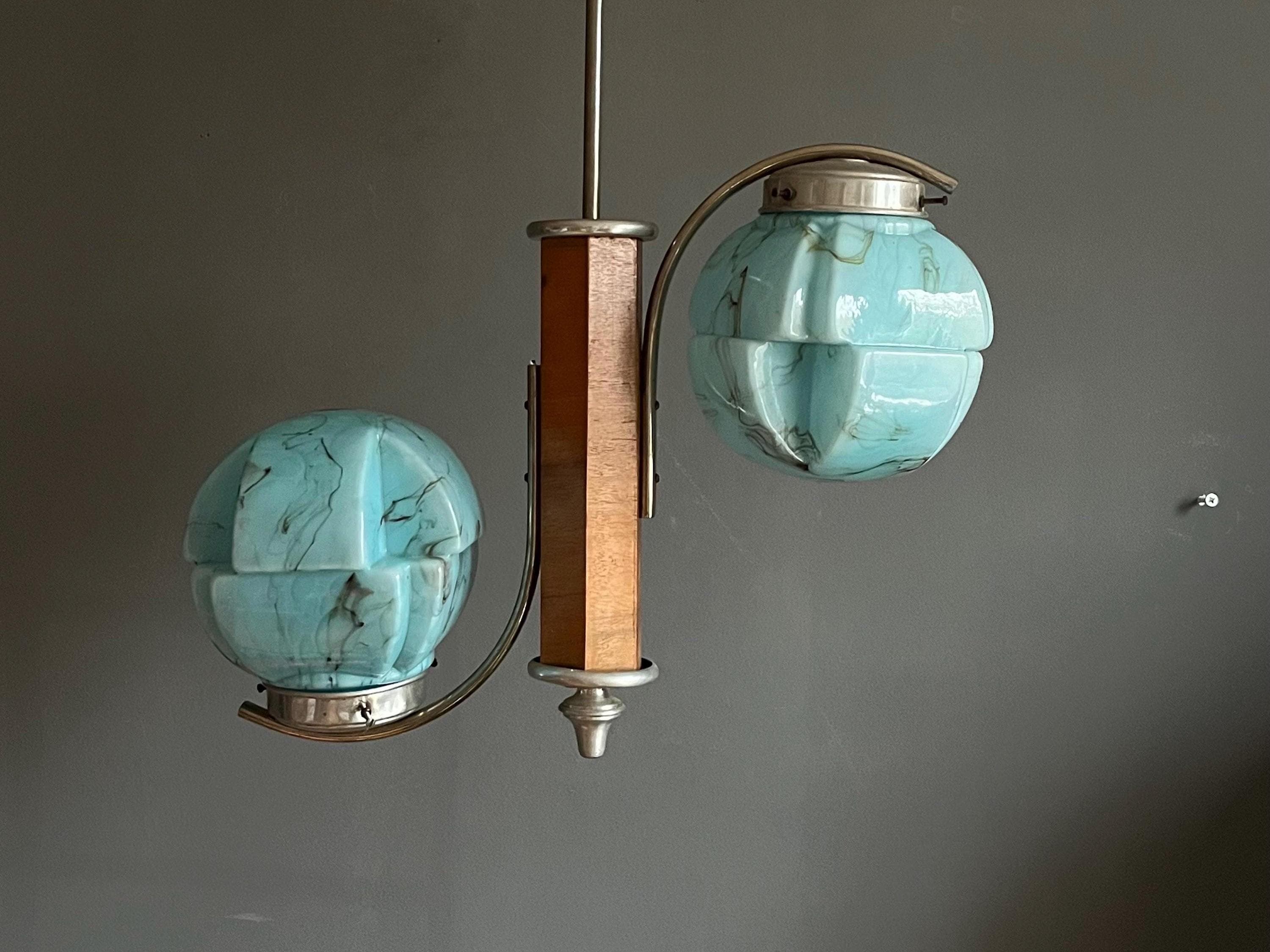 Vintage Pendant Light from the 40s /  Art Deco Pendant Light / Antique Chandelier / Art Deco Light / Blue Glass