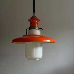 Mid Century Opalin Glass pendant / 70&#39;s  lamp / Vintage Space Age ceiling lamp / Vintage  ceiling / Orange / Metal & Glass