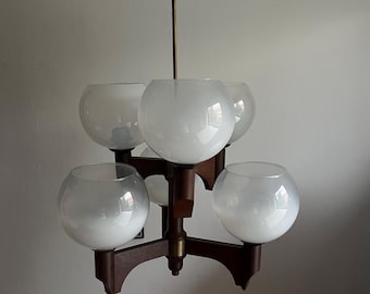 Brutalist Ceiling Lamp: Mid-Century Modern Chandelier with Opaline Glass Globes