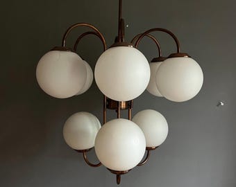 Brutalist Chandelier: Mid Century Modern White Glass Globe Lamp