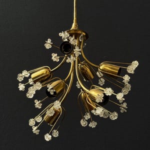 Op de afbeelding: Een vintage messing kroonluchter met zes omhoog gerichte lichtarmaturen. Elke armatuur is versierd met delicate, heldere, bloemvormige accenten. De kroonluchter heeft een centrale stam en gebogen armen, waardoor een bloemenontwerp ontstaat. De achtergrond is donkergrijs.