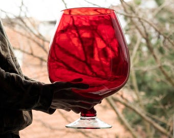 Large Vintage Mid Century Modern Empoli Italian Murano Ruby Red With Clear Art Glass Venetian Glass Brandy Snifter Shape Vase Bowl 1970's