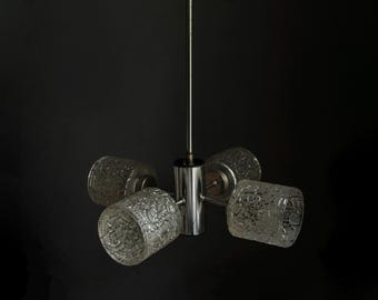 Brutalist Design Deckenlampe / Mid Century Modern Kronleuchter / Glas & Chrom / 70's Jugoslawien