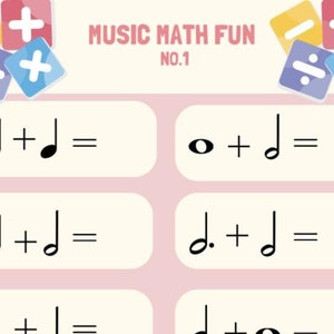 Puede incluir: Una hoja de trabajo rosa con notas musicales y el texto "MUSIC MATH FUN NO.1". La hoja de trabajo tiene problemas de suma con notas musicales y silencios.