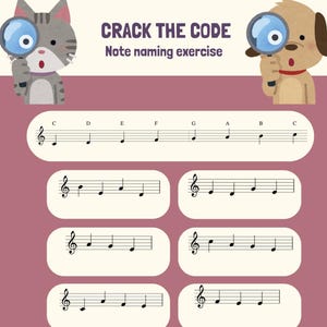 May include: A music theory worksheet with the text "CRACK THE CODE" and "Note naming exercise." The worksheet features musical notes on staves, with a cartoon cat and dog holding magnifying glasses. The background is a muted purple.