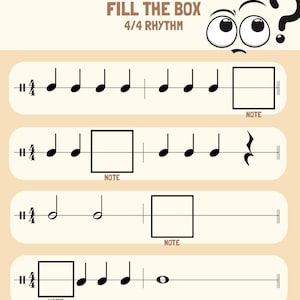 以下が含まれることがあります： 「Fill the Box 4/4 Rhythm」というタイトルの音楽ワークシート。ワークシートには、4行の楽譜があり、欠けている音符を記入するボックスがあります。音符は4分音符、2分音符、8分音符です。