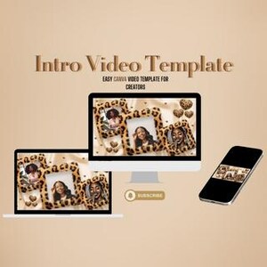 May include: A Canva video intro template with a leopard print background and gold hearts. The template features multiple photo frames with a person's face in each frame. The text "Intro Video Template" and "Easy Canva Video Template for Creators" is displayed at the top of the image.