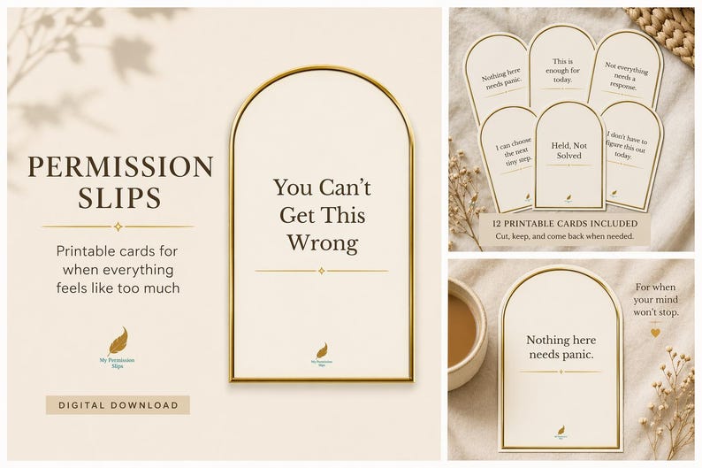 Permission Slips Printable Cards showing the real card designs in beige with gold trim