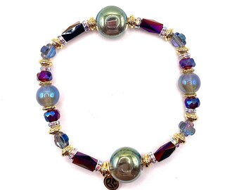 Pulsera artesanal de cuentas apilables: cuentas vintage, cristal, baño de oro de 18 quilates