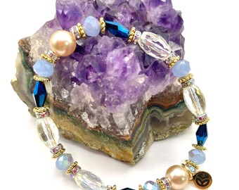 Pulsera de cuentas apilables: cuentas vintage, cristal, baño de oro de 18 k, 16,5 cm
