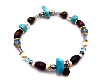 Pulsera de cuentas vintage: turquesa, cristal, madera y oro