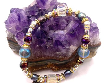 Pulsera de cuentas vintage: cristal Swarovski, chapado en oro de 18 quilates