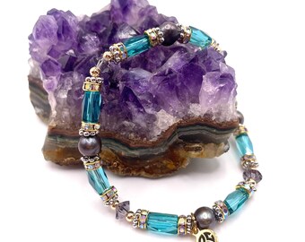 Pulsera vintage de cuentas apilables, cristal checo y oro de 18 quilates