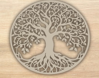 Unpainted Wooden Tree of Life Wall Art – 11.5 Inch Round – 3.5mm Thick Laser Cut Natural Wood