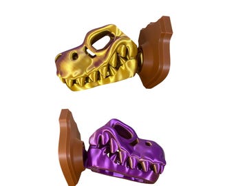 3D Printed T-Rex Wall Mount – Articulated Dinosaur Skull Trophy – Unique Gold or Purple PLA – Decorative Wall Art