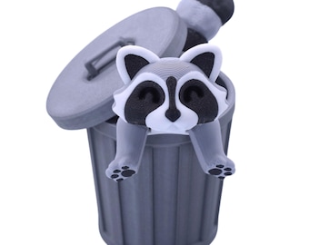 Mini Trash Can with Articulated Raccoon – 3D Printed Decorative Desk Bin –  (Small - 2.5" Trash Can, 4.3" Raccoon)