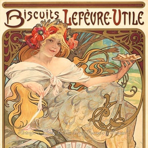 Mucha, Art Noveau, Cookies, Vintage Reproduction Advertising Poster "Biscuits Le feue-Utile"