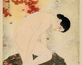 Japanese Woman Bathing Art Print: Vintage Woodcut Giclée Reproduction