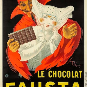 Chocolates, Diablo, Mujer de Blanco, Tentación, Reproducción Giclée Vintage Cartel publicitario francés "Fausta Le Chocolat"