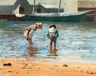Winslow Homer, Boys, Rock Collecting, Sail Boat, Boatyard, Watercolor, Vintage Reproduction, Giclee, "Boys Wading!"  c. 1873