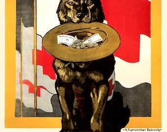 Vintage WWI Red Cross Dog Poster, "Come On Join Now" German Shepherd Propaganda Art Print, Giclée
