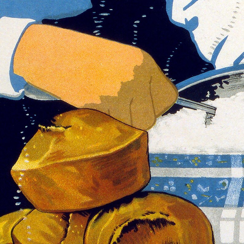 May include: A vintage-style illustration featuring golden-brown baked goods, specifically round rolls or buns, positioned in the foreground. A portion of a dark blue and white checkered cloth is visible, along with a metallic utensil held near the food.