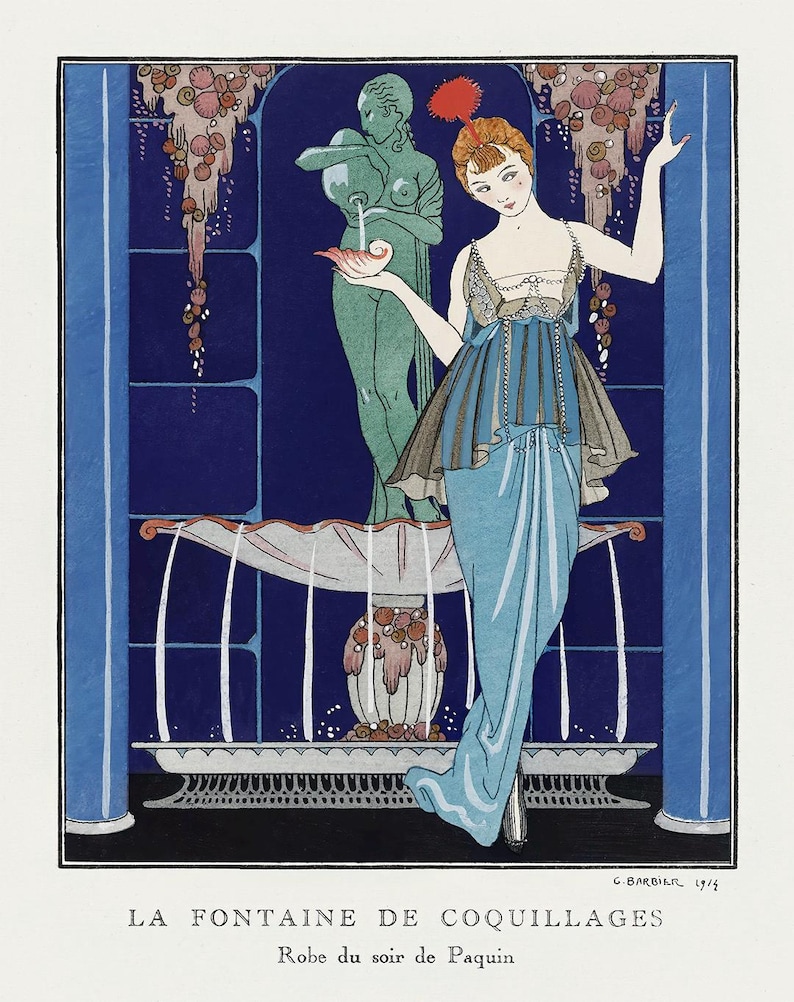 May include: An art deco illustration depicting a woman in a long blue dress, positioned near a fountain. The background includes a statue and decorative floral motifs. The text at the bottom reads "LA FONTAINE DE COQUILLAGES" and "Robe du soir de Paquin".
