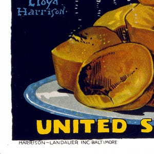 May include: A vintage-style illustration featuring a stack of golden-brown baked goods on a light blue plate against a dark background. The text reads Lloyd Harrison, UNITED S, and HARRISON-LANDAUER INC. BALTIMORE in yellow and white lettering.