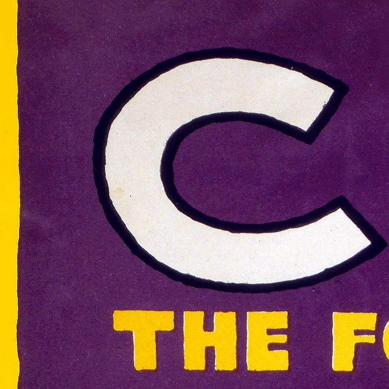 May include: A graphic design featuring a large white letter C with a black outline set against a deep purple background. Below the letter C, the yellow text THE F is visible. A vertical yellow stripe runs along the left edge of the composition.