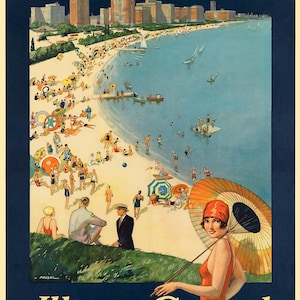Chicago, Beaches, Railroad Travel, Vintage Reproduction Poster &quot;CHICAGO The Vacation City&quot;  C. 1930s