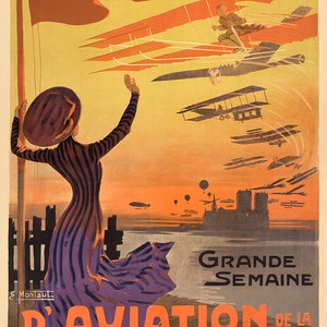 Nuevo cartel publicitario francés de reproducción en giclée de bellas artes de época "Gran Semana de la Aviación..." c1909