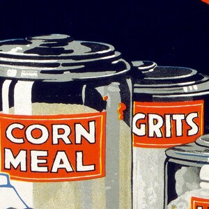 May include: A vintage-style illustration of cylindrical food canisters against a dark background. The canisters feature orange rectangular labels with white text reading CORN MEAL and GRITS. The containers have metallic lids and light-colored contents.