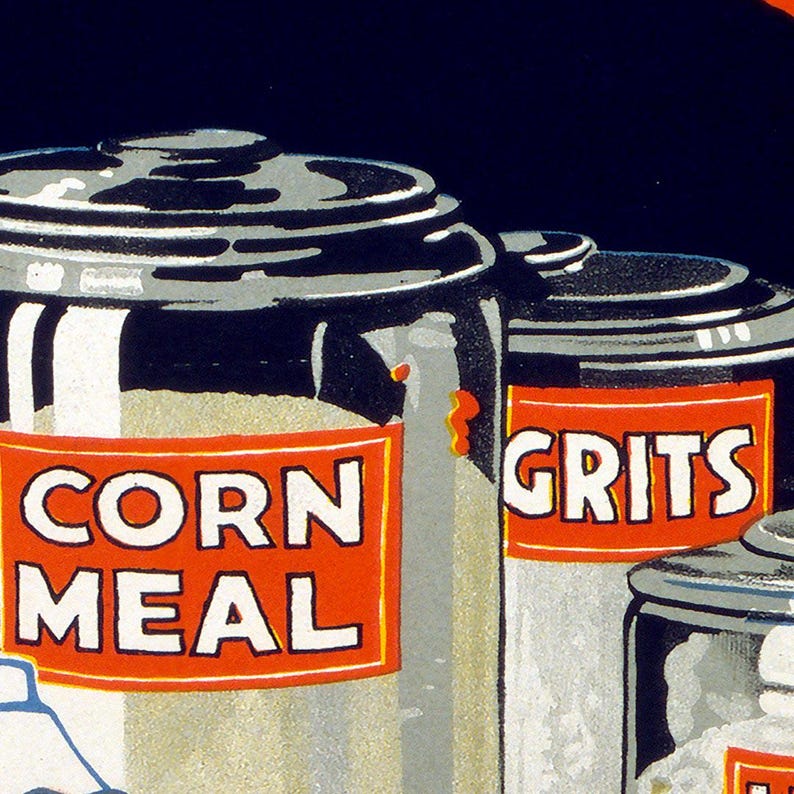 May include: A vintage-style illustration of cylindrical food canisters against a dark background. The canisters feature orange rectangular labels with white text reading CORN MEAL and GRITS. The containers have metallic lids and light-colored contents.
