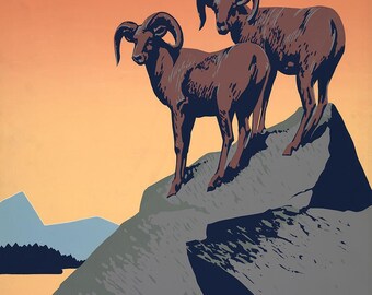 WPA Mountain Goats Poster, National Parks Vintage Print, Restored Public Domain (DIGITAL DOWNLOAD)