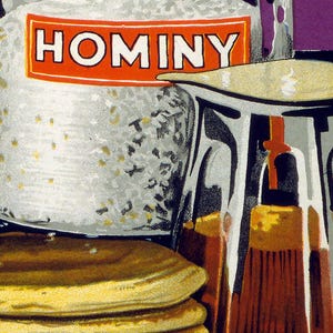May include: A vintage-style illustration featuring a stack of golden-brown pancakes next to a clear glass pitcher filled with amber syrup. Behind the pancakes sits a white container with a prominent orange label displaying the word HOMINY.