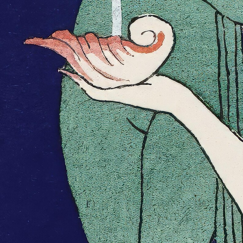 May include: An illustration of a hand with a curled, ornate design. The hand is rendered in a light colour with red accents on the fingers. The background features a textured green shape and a deep blue area.