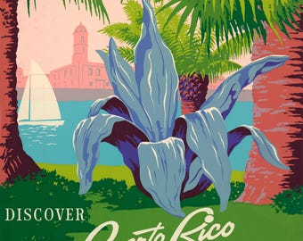 Puerto Rico II, Vintage Travel Poster, WPA Style Digital Download, Retro Tropical Wall Art, Printable Travel Deco